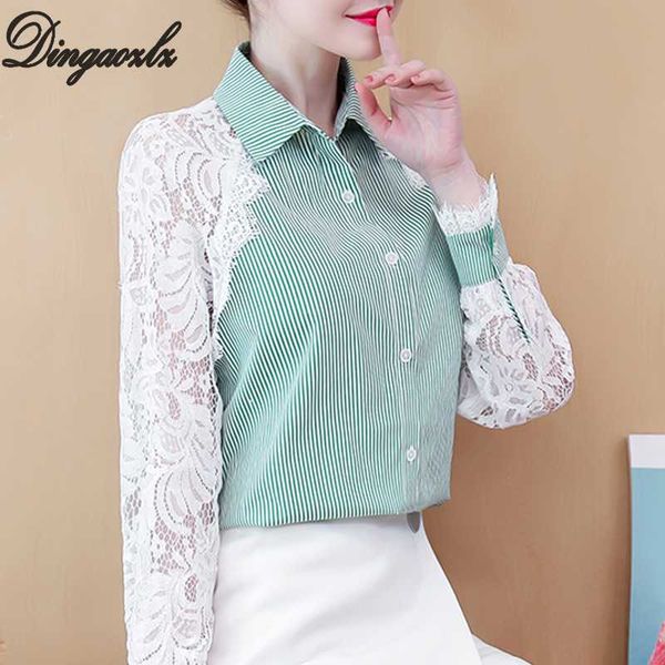 

dignaozlz spring stripe women chiffon shirt female 2020 lace stitching long-sleeved office lady blouse, White