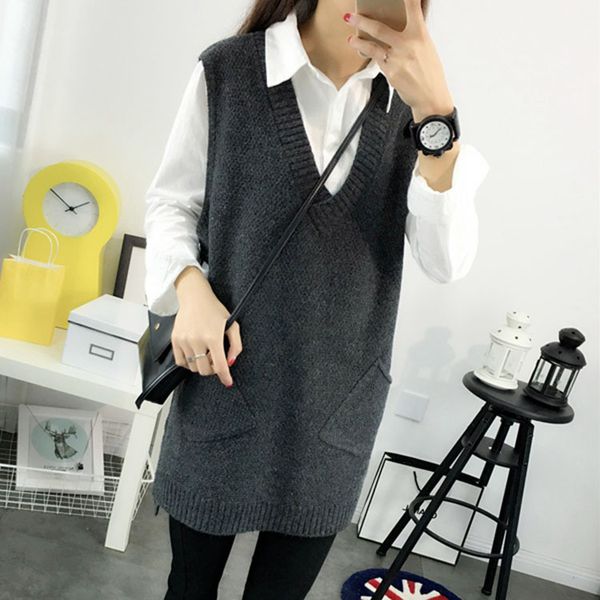 

zadorin sweaters women invierno 2019 solid long sweater sleeveless v neck with pocket cute sweater vest korean style women, White;black
