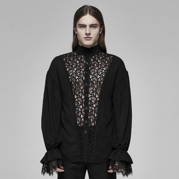 

punkrave men's gothic see through long sleeve shirt retro lace flare cuff high collar prom blouse top, White;black