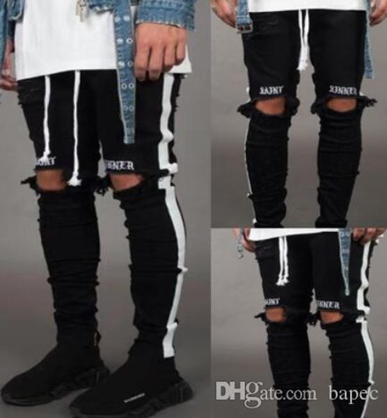 

новые мужские жан pantalones street black holes дизайнерские джинсы белые полосы hiphop скейтборд карандаш брюки, Blue