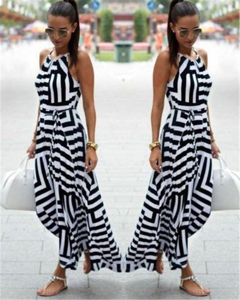 

7 цветов летнее платье женщины сексуальные бохо в полоску без рукавов макси длинное платье пляжный стиль ремень сарафан свадебные платья для, White;black