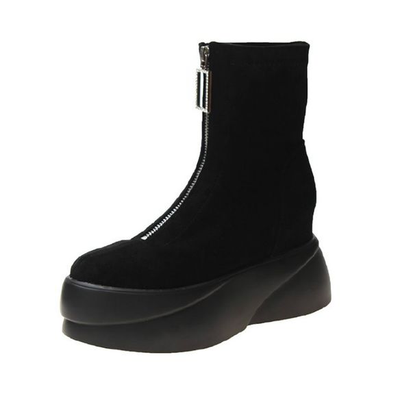 

women boots high-flat platform boots women shoes autumn winter fashion round toe zipper suede leather ladies shoes, Black