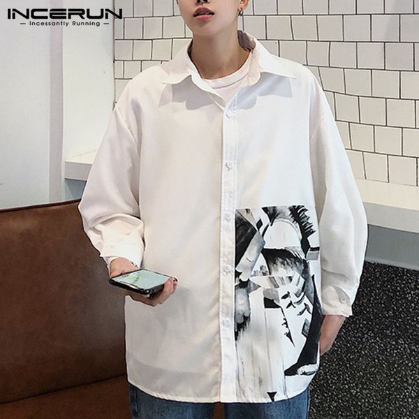 

incerun fashion men's shirt loose printed lapel 2020 long sleeve brand casual korean style shirts streetwear button camisa s-5xl, White;black