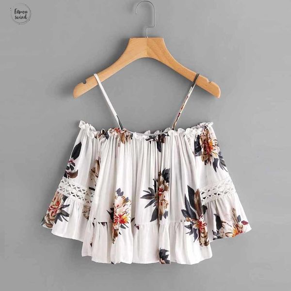 

summer camis women floral printing casual lace off shoulder crop cluster print racerback cami top, White