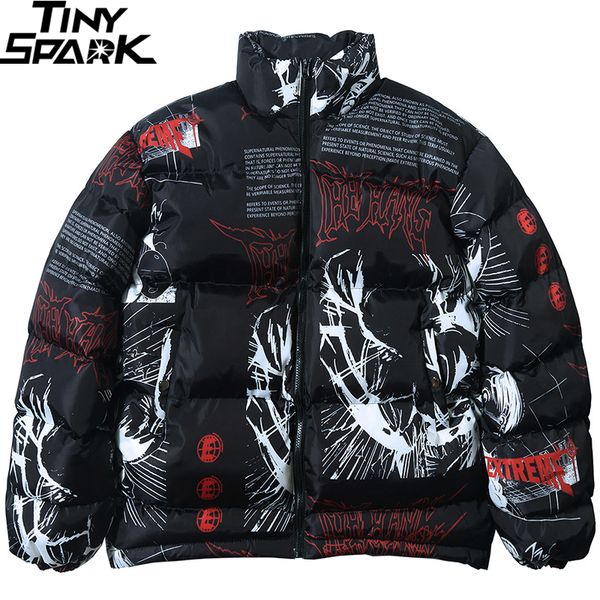 

2019 hip hop jacket parka japanese cartoon graffiti streetwear men windbreaker harajuku winter padded jacket coat warm outwear, Black