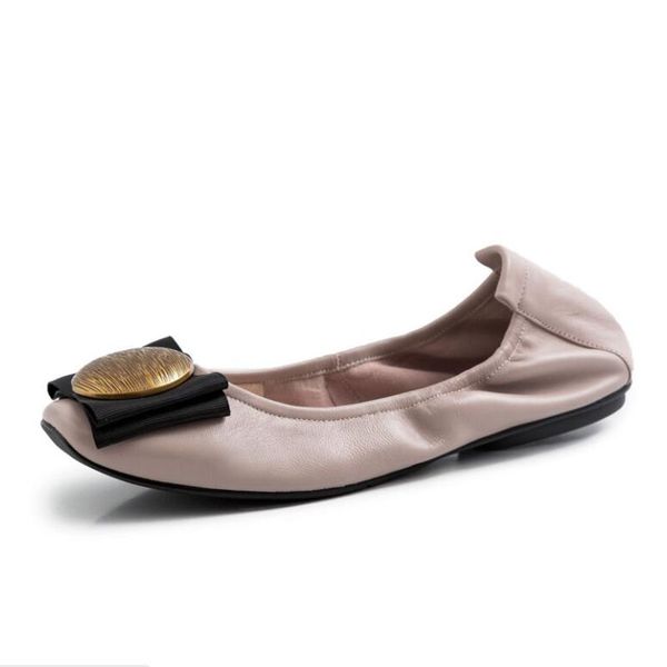 

fashion metal women shoes woman ballet flats sheepskin full leather bowknot comfortable square head casual slip on women's flats, Black
