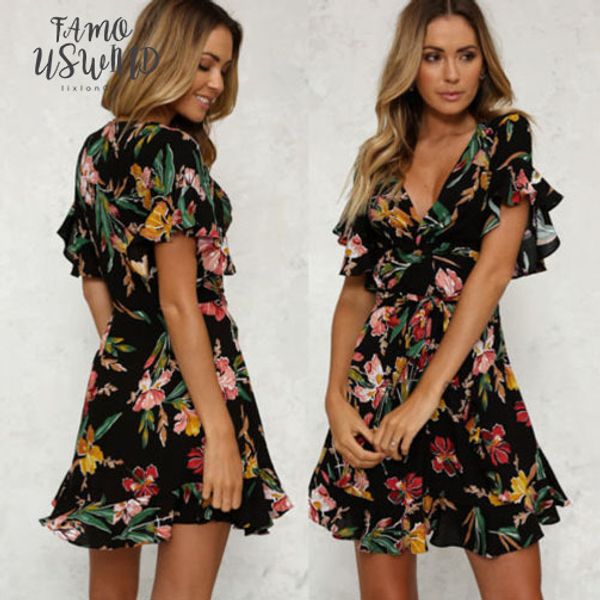 

arrival women boho floral print beach dress new summer lady evening party short sleeve v neck mini dress, Black;gray