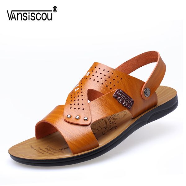 

vansiscou men casual soft leather sandals anti-skid breathable outdoors amphibious slippers open toe comfy footwear beach shoes, Black