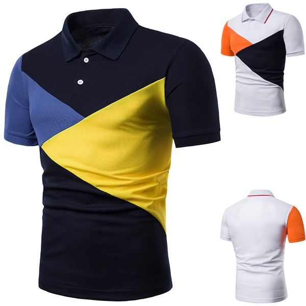 

summer men t shirt fashion men fit slim turn-down collar short sleeve button patchwork t-shirts, White;black