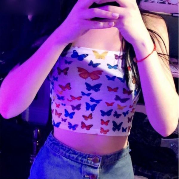 

женщина танки tops женщина танки tops шаблон печати хлопок красочный рассечение шеи бака без бретелек crop top camis 2019 summer casual drop, White