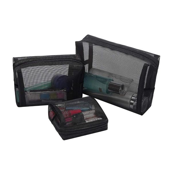 

black mesh makeup bag see through zipper pouch travel cosmetic and toiletries organizer bags pack of 3(s,m,l