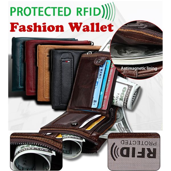 

men genuine leather fold over short wallet rfid blocking purses multi-card holder anti-theft brush banknote pockets cowhide pouches gift, Red;black