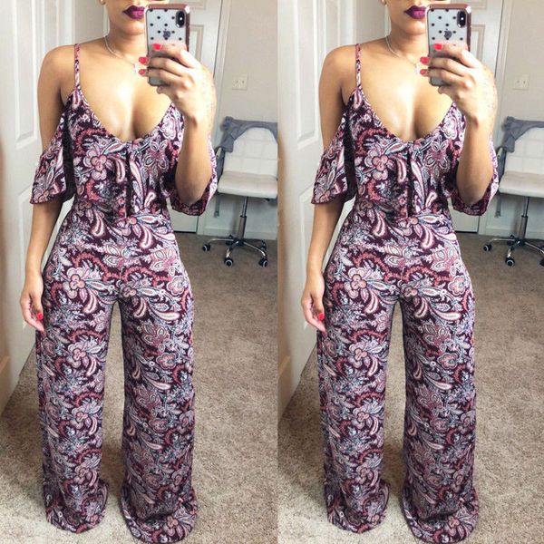 

new women summer beach ruffle jumpsuit clubwear stylish ladies bodycon playsuit floral printed romper long romper pants, Black;white