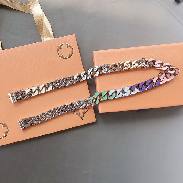 

europe america fashion men titanium steel engraved v initials colored enamel diamond silver-metal thick chain links soapy necklace