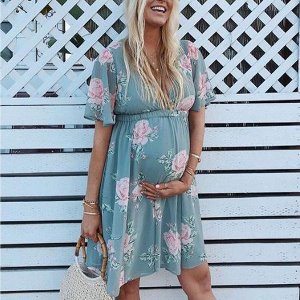 

vetement femme 2019 new women short sleeve pregnant maternity clothes dress flower maternity nursing clothing ropa de mujer, White