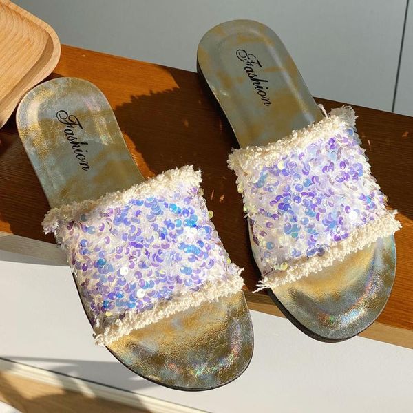 

new sequins wild flip flops woman shoes bohemian women's slippers soft bottom non-slip outdoor slippers zapatos de mujer drop, Black
