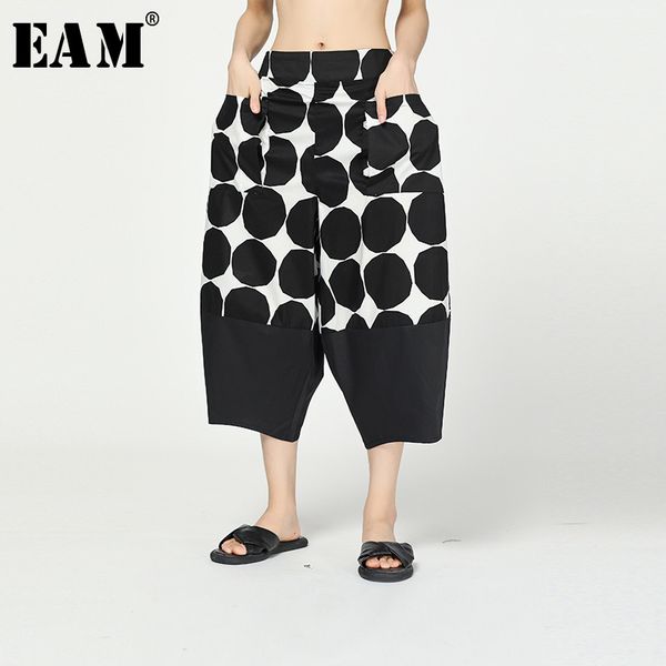 

eam] high elastic waist black dot print split harem trousers new loose fit pants women fashion tide spring autumn 2020 1r297, Black;white