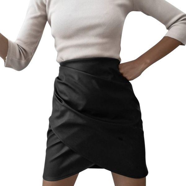 

women's high waist pleated leather skirt solid color mini skirt#35, Black
