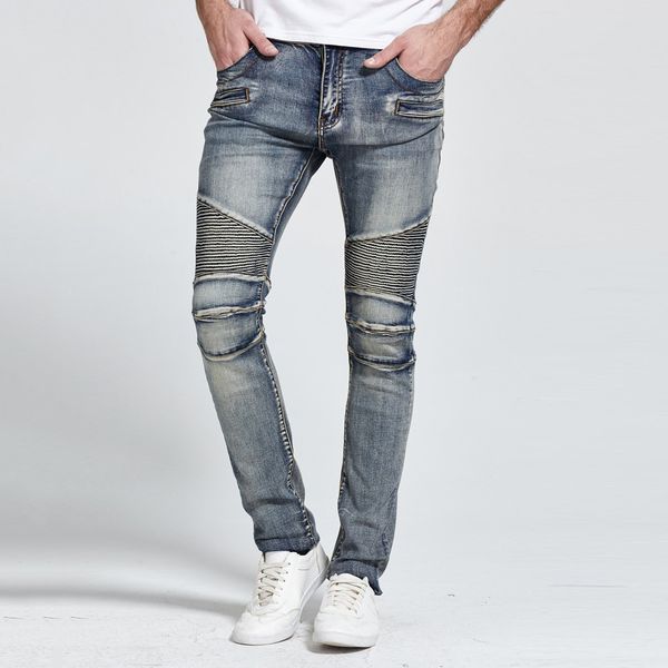 

dombbfy 2019 new men locomotive jeans hip hop mens jogger skinny denim pants fashion pockets designer autumn men's trousers, Blue