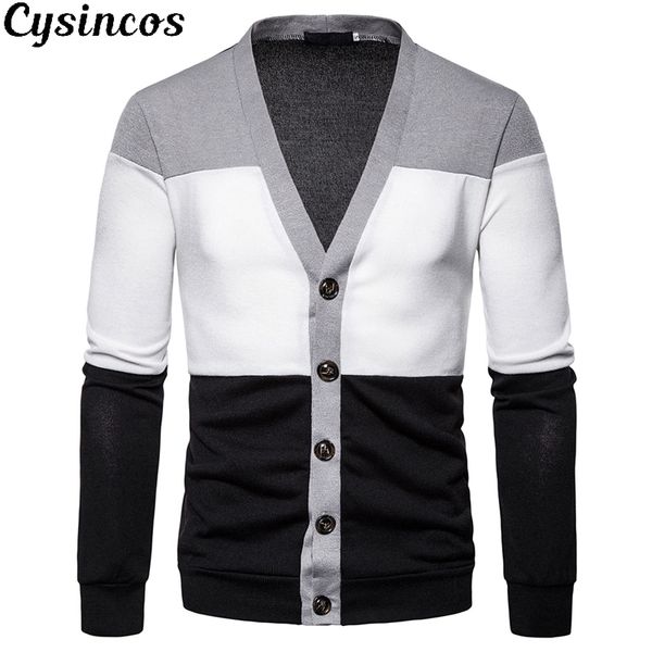 

cysincos 2019 new men's knitted sweater casual patchwork jacket three-color stitching deep v cardigan men's knitted sweater, White;black