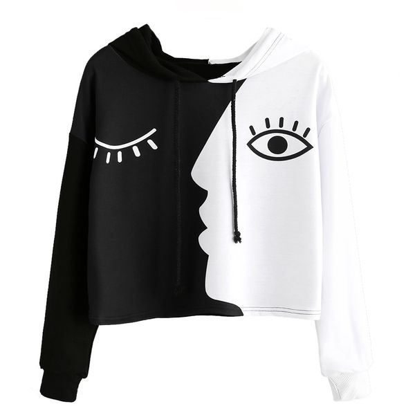 

jaycosin fashion women patchwork hoodie long sleeves pocket unique comfortable chic stylish elegant irregular blouse, Black