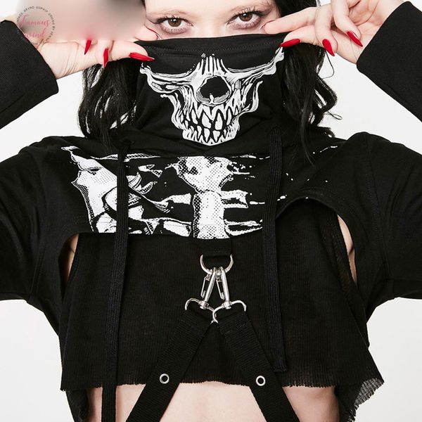 

готический череп печати скелет толстовки с длинным рукавом футболка turtlenek punk стиль hip женщины crop top прохладный streetwear черный т, White