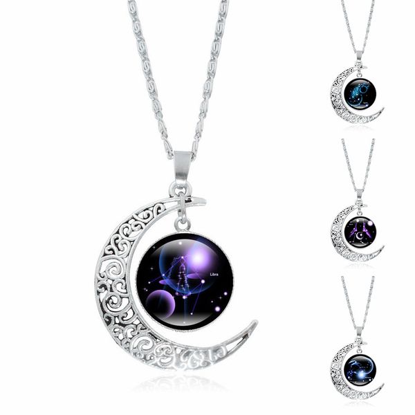 

12 constellation necklace silver crescent moon pendant glass cabochon zodiac jewelry men women creative birthday gift