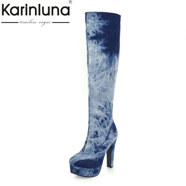 

karin big size 33-50 fashion knee high boots super high heels platform denim warm short plush winter women shoes woman, Black