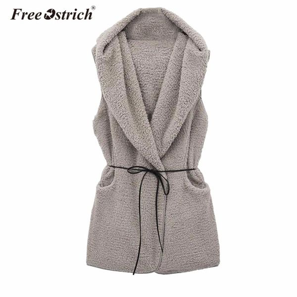 

ostrich winter warm vest women wool blend waistcoat sleeveless hooded coat solid belt pocket veste femme d25, Black;white