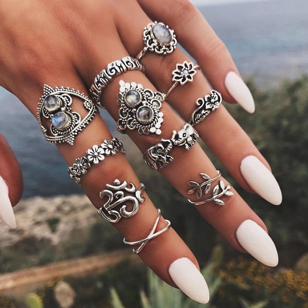 

5set european and american fashion rings set vintage silver lotus elephant finger knuckle rings for women jewelry gift g-8