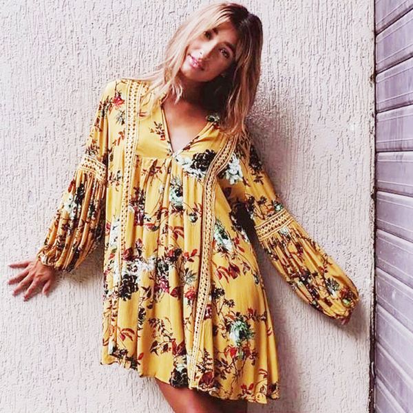 

женская дизайнерская одежда платья желтое платье boho урожай цветочные печати случайные короткие свободные фонарь с длинным рукавом марка же, Black;gray
