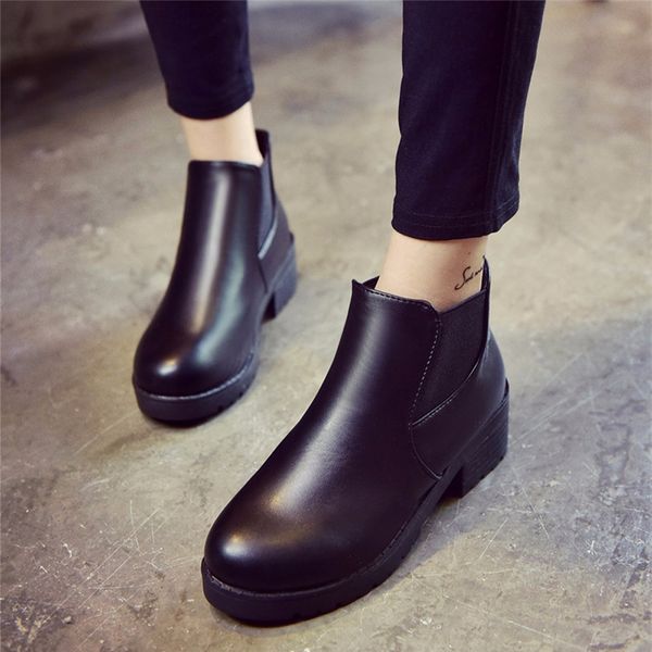 

siketu women leather low flat block heel ankle boots shoes waterproof korean style student winter boot stiefeln dame a30, Black