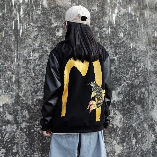 

men's baseball wear women's jacket loose leather sleeve jackets cardigan squid letter print jacket teen student outwear qq1, Black;brown