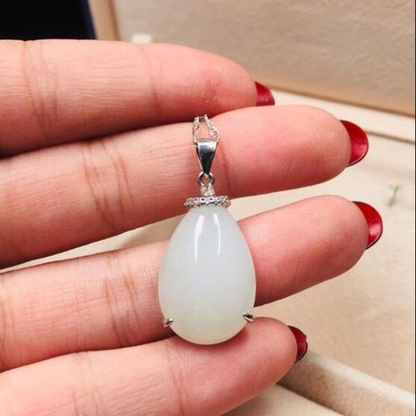 

natural chinese hetian white jade water drop pendant beautiful 925 silver necklace fashion charm jewelry for men women gifts