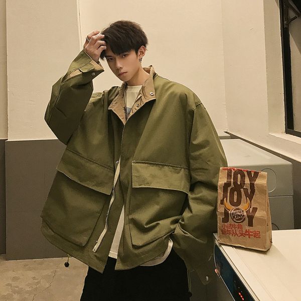 

2019 spring new fashion personality big pocket men's jacket winter camping turn-down collar england style, Black;brown