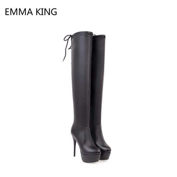 

long boots new spring autumn platform lace-up zip round toe 14cm thin high heel over the knee boots thigh high women 2018, Black
