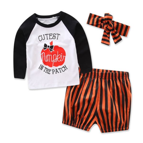 

Toddler Newborn Baby Girls Halloween outfits long sleeve pumpkin T-Shirt Tops Short striped Pants headband Outfits clothing set