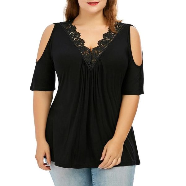 

5xl womens plus size lace trim v neck cold shoulder summer strapless blouse patchwork magliette, White