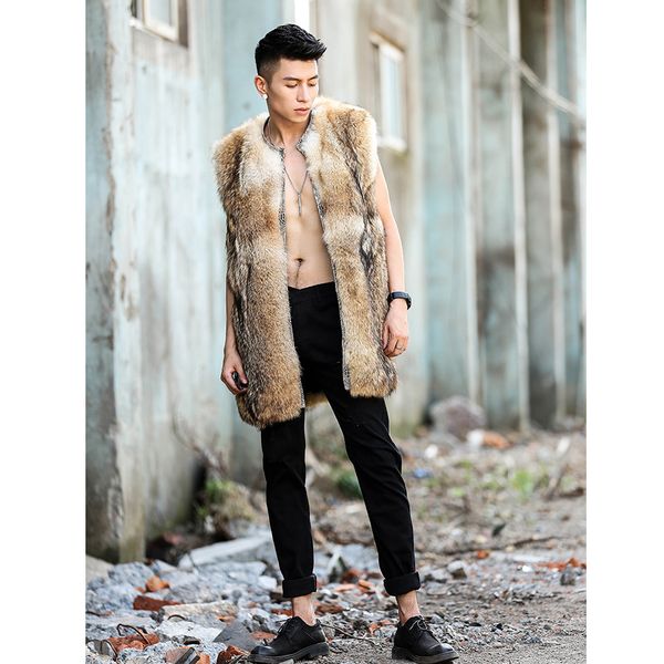 

men's long style wolf vest men's fur coat winter jacket, Black