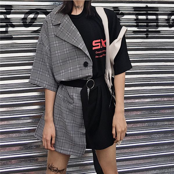 

plaid dress woman clothes street plaid stitching irregular dress women printed lace summer dress casual loose mini dresses vestido, Black;gray