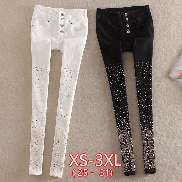 

new elastic rhinestone high waist four-breasted denim jeans women's thin pencil pants, Blue