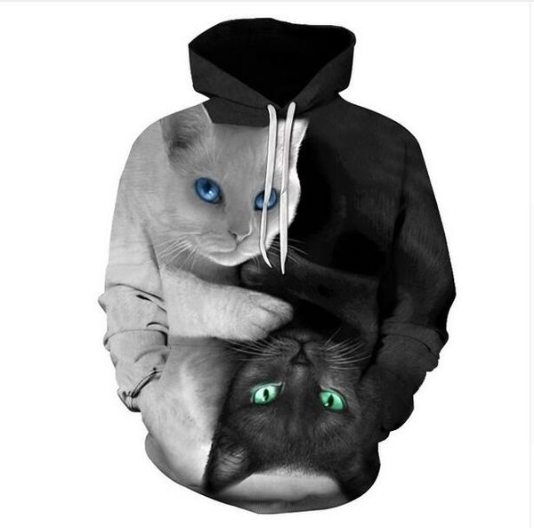 

новая мода две кошки отпечатывает толстовка с капюшоном мужчины женщины с длинным рукавом верхняя одежда пуловеры 3d толстовки мужская топы, Black