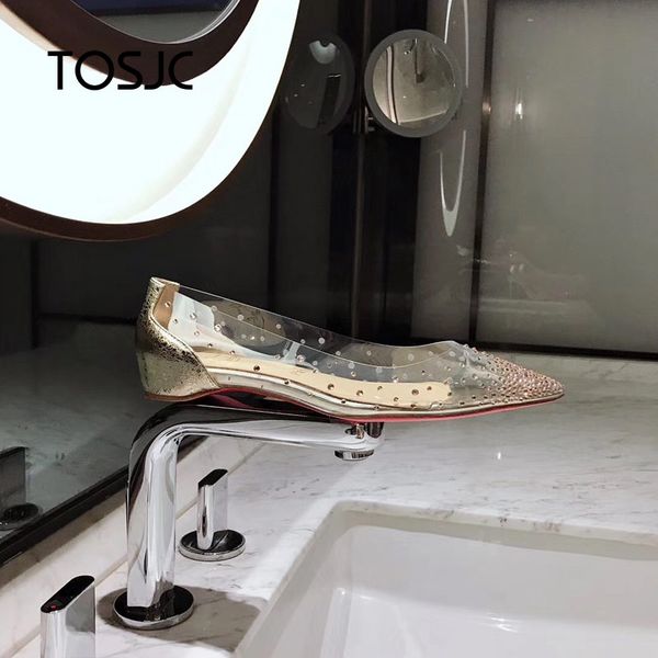 

spring 2019 new sequins, shallow drill tips, single shoes, flat soles, transparent leather, low heels of women's shoes, Black