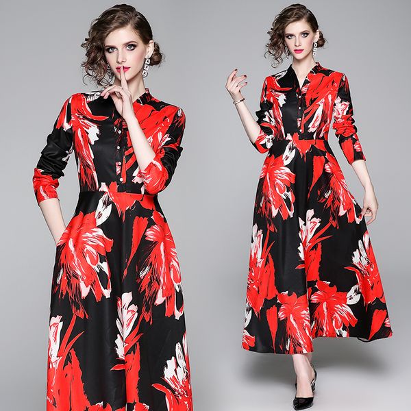 

selling luxury fashion printed dress spring fall runway women's big swing shirt dress office lady business slim party prom dresses, Black;gray