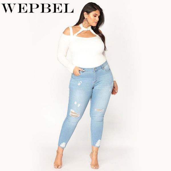 

wepbel women's jeans casual fashion hole high waist stretch denim pencil pants, Blue