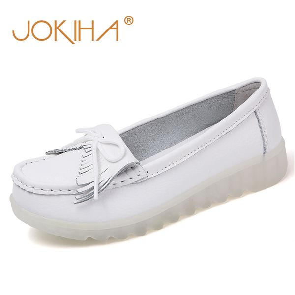 

jokiha genuine leather white loafers shoes women tassel fashion slip on flats shoes for women nursing hospital footwear, Black