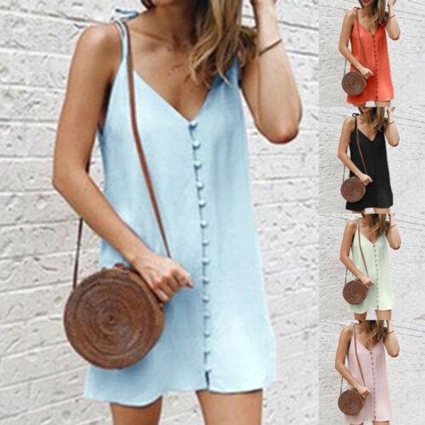 

fashion women summer holiday boho mini dress spaghetti strap evening loose solid color party beach dresses ladies sundress, Black;gray