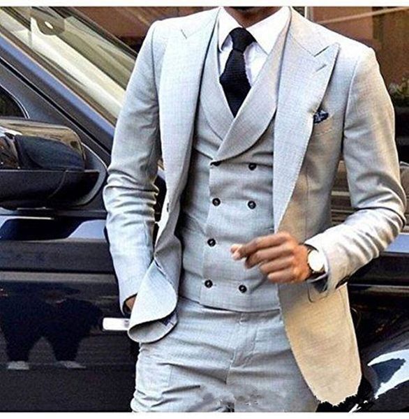 

new custom made one button light grey wedding groom tuxedos peak lapel groomsmen mens business party suits (jacket+pants+vest+tie) 585, Black;gray