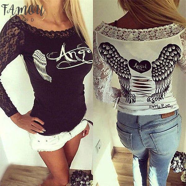 

new bird wing shirt fashion womens long sleeve shirt casual lace loose cotton t shirt, White