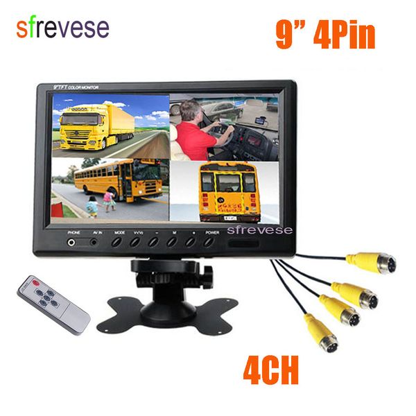 

vehicle car rear view 9" lcd monitor 4ch quad split screen 4 pin for bus truck caravan motorhome camper 12v-24v